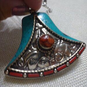 Tribal TURQUOISE & RED CORAL Handmade Sterling Silver Pendant/Cord #238C